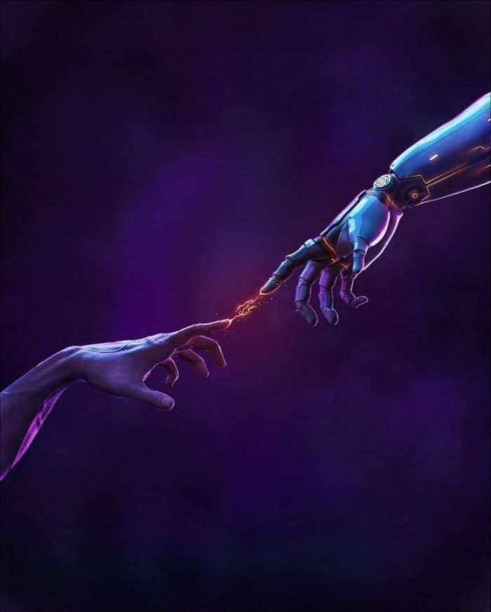 A human hand and a robotic hand reaching toward each other, representing AuraMind’s AI working alongside your team