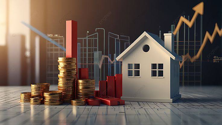 A miniature house model beside stacked coins and a rising growth chart, representing real estate investment
