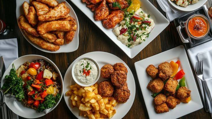 An assortment of appetizers and entrees plated for a restaurant, including chicken tenders, wings, fried bites and fries